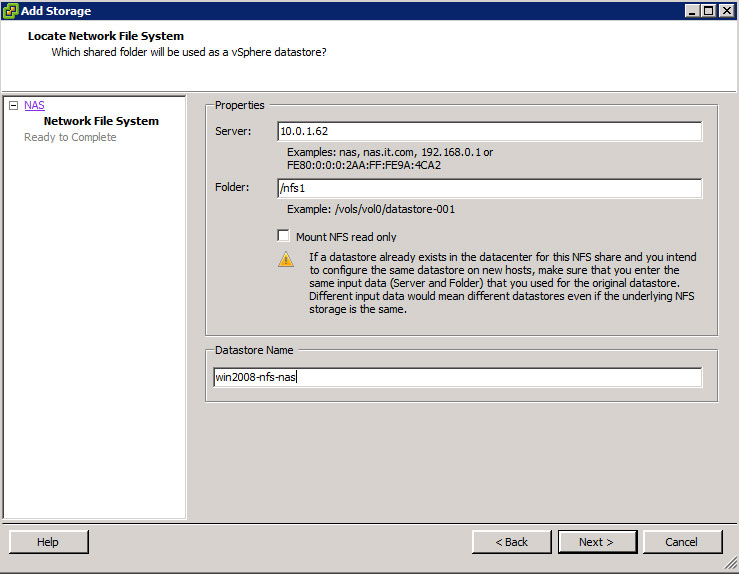 Connecting vSphere to NFS NAS.