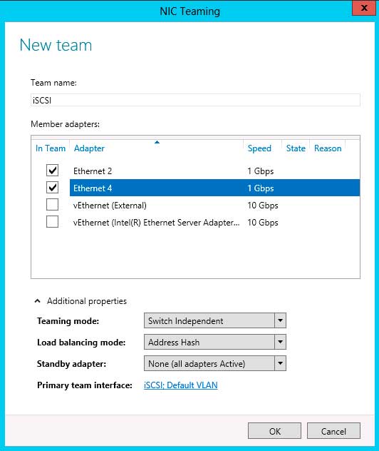 Creating a team from one or more NICs is easy with just a few clicks.