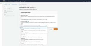 The Create Dataset Group page requires you to provide a dataset name and to choose a forecasting domain.