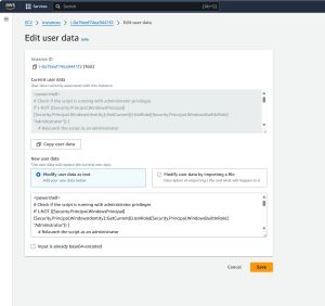 Figure 2: AWS allows you to modify an instance's user data as necessary.
