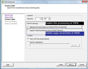 VMDK Provisioned Disk Options
