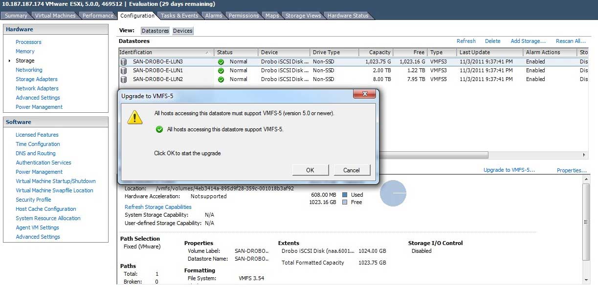A datastore can be upgraded, even with running VMs in place within the vSphere Client.