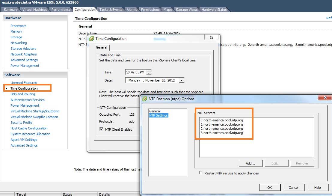 The NTP authoritative time server list is configured in the vSphere Client