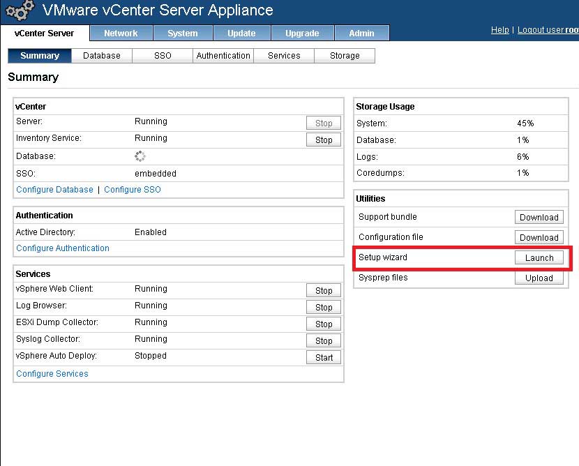 The setup wizard will configure the vCenter Server application on the appliance.