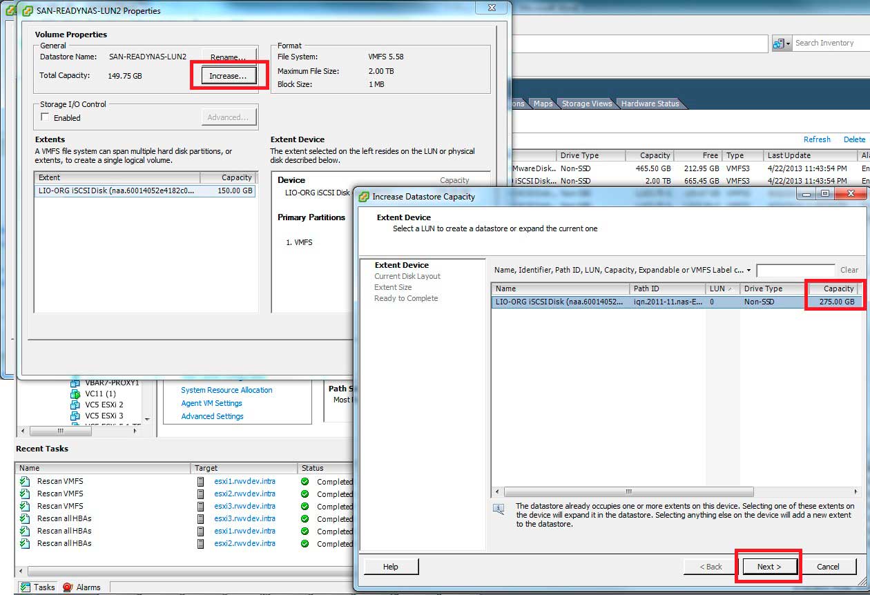 The expanded space is detected by the vSphere host.