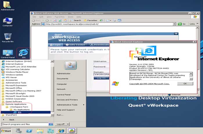 Here, IE 6 is deployed by vWorkspace and integrated with the Windows 7 desktop; it's done directly from the Start Menu.