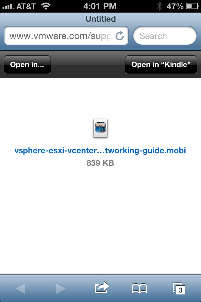 Opening a mobi doc in the Kindle App.