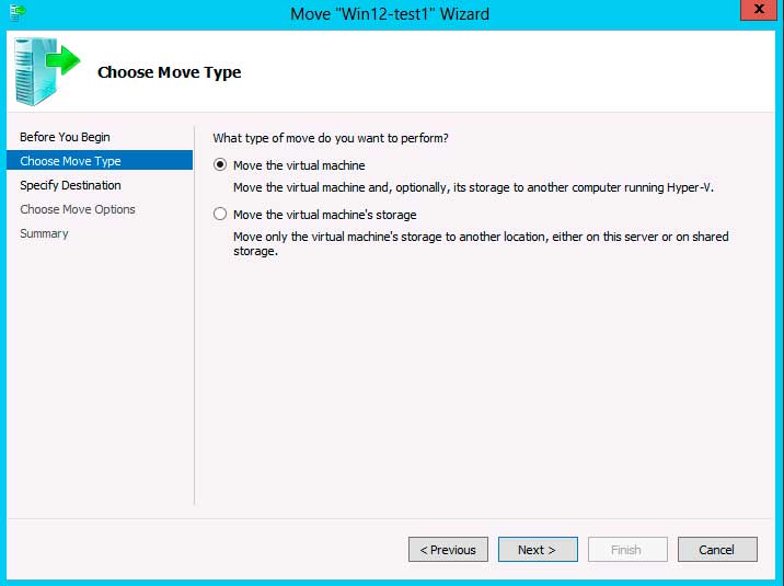 All VM move operations in Hyper-V are handled by the same wizard; you simply pick the type you want.