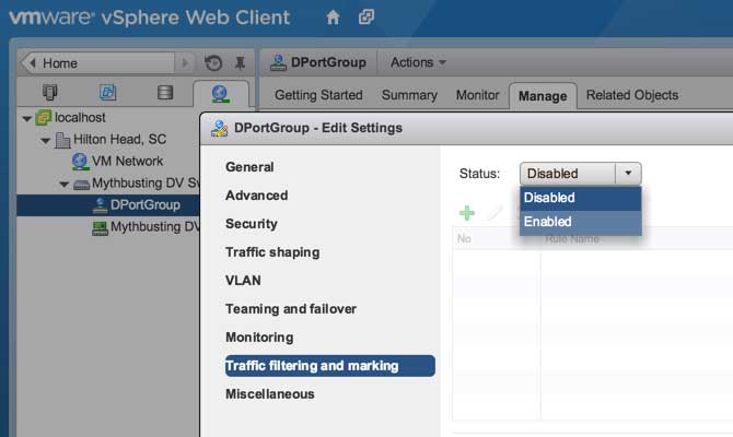 Enabling Network QoS Traffic Filtering and Marking in the vSphere Web Client.