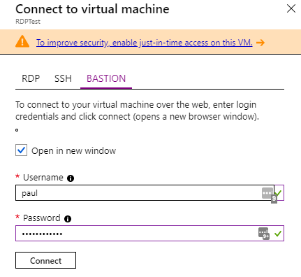 Figure 2: Connecting to a VM using Bastion instead of SSH or RDP