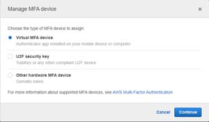 Choose the option to assign a virtual MFA device and click Continue.