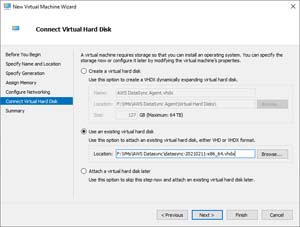 Figure 4: You will need to tell Hyper-V to use the virtual hard disk that you downloaded from AWS.