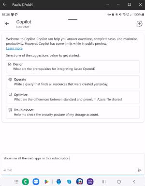 Copilot in the Azure App on an Android Phone