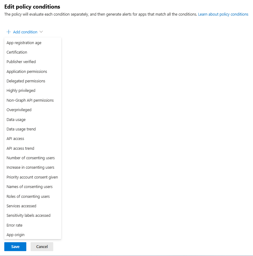 List of Policy Conditions in Defender for Cloud Apps Governance Policy.