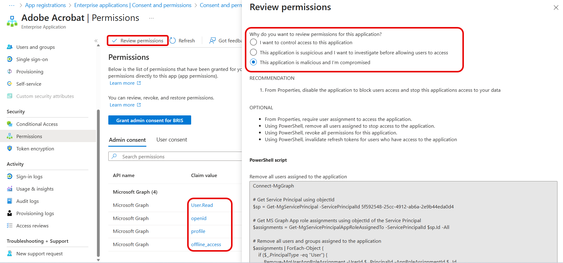 Permissions Granted to an Application and Remediation Options.