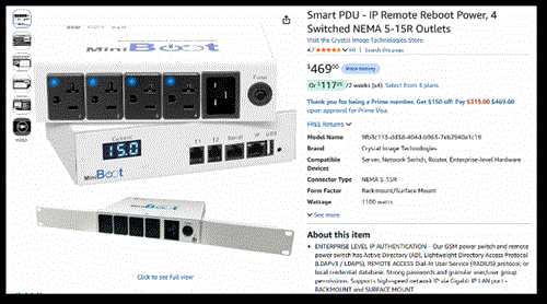 An Amazon listing for an enterprise-grade remote reboot power device.