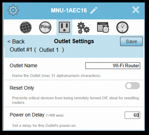 The MSNSwitch2 outlet settings with a 60-second power-on delay.