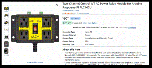 An Amazon listing for a Raspberry Pi AC power relay.