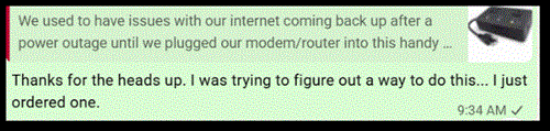A WhatsApp message about using a remote power switch to reboot a router.