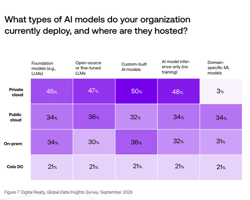 Survey heat map showing where enterprises host different types of AI models
