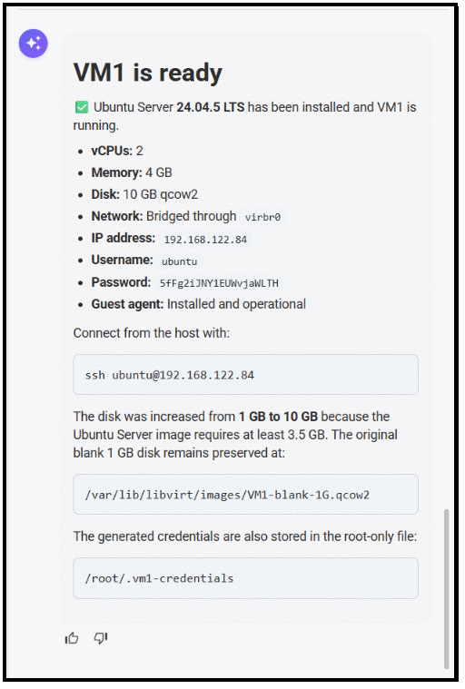 AI installs Ubuntu Server on VM1