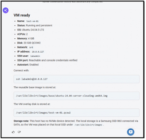 AI creates test-vm-01 from a cloud image