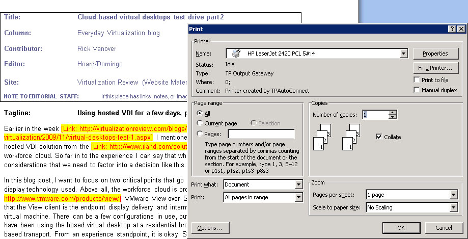 Printing sample from a clouded VDI