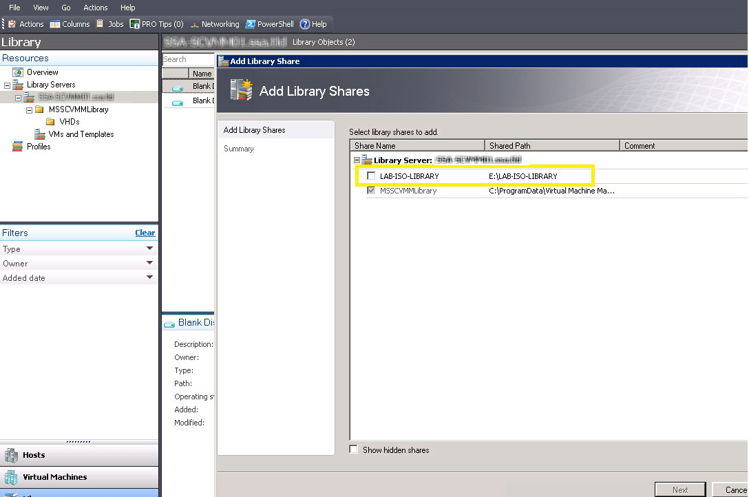 Creating a dedicated file share will allow SCVMM to place a library for virtual media files.