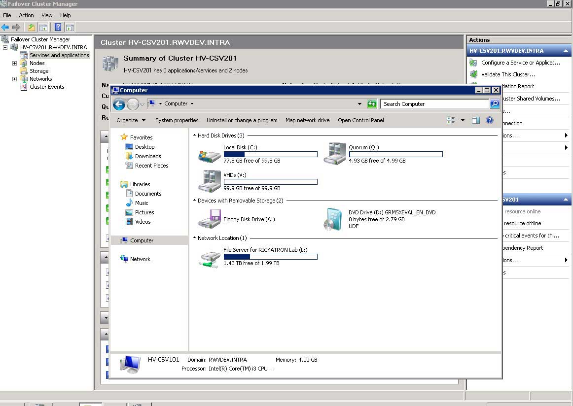The quorum drive and VHD drive are now displayed on the clustered host.