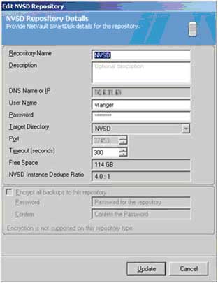 Use the Add NVSD repository dialog to provide critical details for the new repository within vRanger.